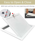 Heavy Duty Paintable Metal Access Door For Wall Or Ceiling No Sweat Setup Hatch For Plumbing Cable And Electrical Checks Reliable Plug And Play 14X18 Panel showing lock mechanism and easy-opening feature.