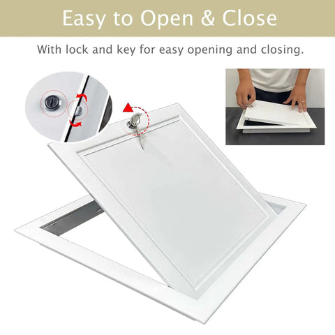 Heavy Duty Paintable Metal Access Door For Wall Or Ceiling No Sweat Setup Hatch For Plumbing Cable And Electrical Checks Reliable Plug And Play 14X18 Panel showing lock mechanism and easy-opening feature.