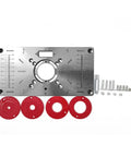 Rock Solid Aluminium Router Table Insert Plate With Precision Bushings And Aligning Rings For Woodworking Milling Trimming, showing detail and components.