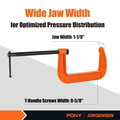 Six Inch C Clamp Set For Woodworking And DIY Projects, Beefy 1000 Lb Load Capacity, Two Pack, Ductile Iron Construction, jaw width detail