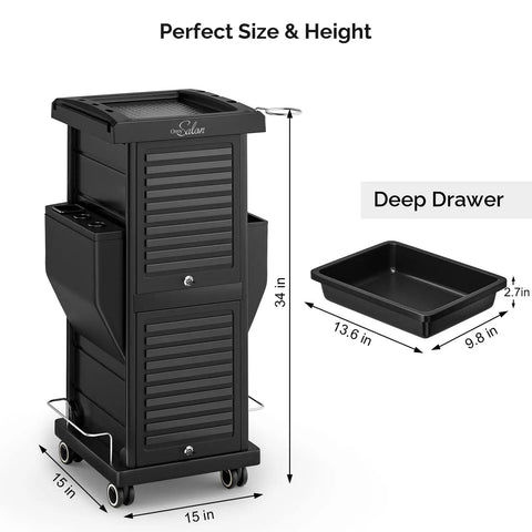 Sturdy Salon Trolley With Lock And Six Drawers, Hot Tools Holder, Wheels, Hair Cart Organizer, 34-inch high with deep drawer