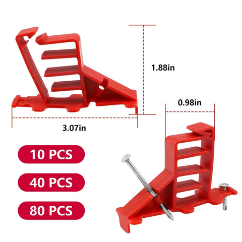 Sihai 10 Pack Hammer In Insulated Cable Staples, heavy duty red multi cable stackers for wires, dimensions shown.