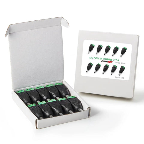 Kickass Male Dc Power Connector Adapter 10 Pack with Heavy Duty Thick Copper Wiring in a box, suitable for 12V and 24V applications.