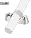Close-up of a metal pipe clamp supporting a 50mm OD pipe, with two screws securing the bracket
