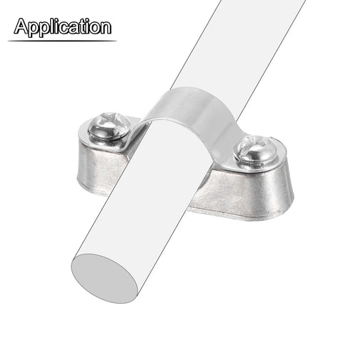 Close-up of a metal pipe clamp supporting a 50mm OD pipe, with two screws securing the bracket