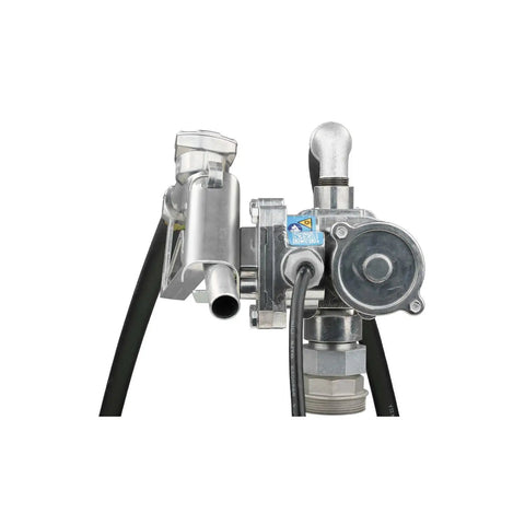 Heavy Duty 8 GPM Electric Fuel Transfer Pump With Spin Collar And Manual Shut Off Nozzle For Gasoline And Diesel 12 Volt close-up view
