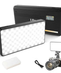 VL200 Bi Color LED Video Light On Camera Fill Light with 200 LEDs, 2500K-9000K, Type C, 5000mAh battery, shown with accessories