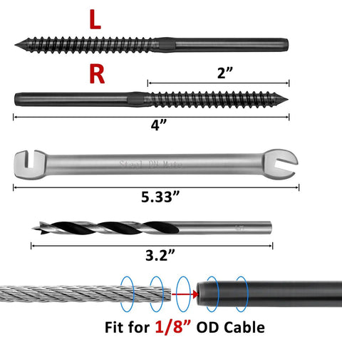 Black T316 Stainless Steel Left And Right Hand Swage Lag Screws For Wood Posts 1 1/8 Inch Deck Cable Railing Kit With Wrench And Drill Bits, 120 Pack