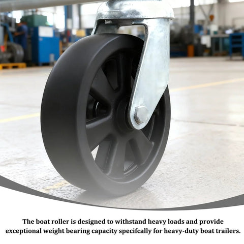 Close-up of 8-inch trailer caster wheel on metal bracket with bolt for trailer jack