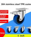 Superior Five Inch Medium Blue TPR Rubber Casters That Roll Smooth As Butter With Dead Silent Rolling Action And Heavy Duty 304 Stainless Steel Build For Fast Cart Work In Four Pack Stem Mount Sets Rated At 730 Lbs, showcasing vibrant blue TPR wheel.