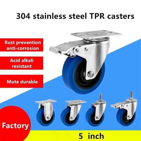Superior Five Inch Medium Blue TPR Rubber Casters That Roll Smooth As Butter With Dead Silent Rolling Action And Heavy Duty 304 Stainless Steel Build For Fast Cart Work In Four Pack Stem Mount Sets Rated At 730 Lbs, showcasing vibrant blue TPR wheel.