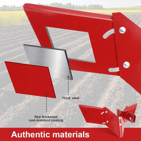 15683 Rear Tine Tiller Furrower Kit With Removable Adjustable Wings, showing thick steel and red rust-resistant coating