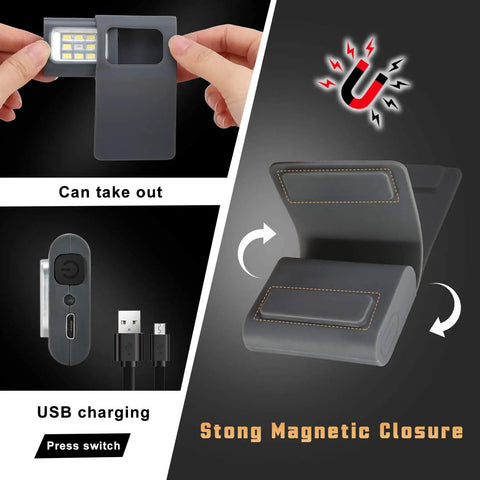 Clip On LED Running Lights 2 Pack USB Rechargeable Reflective Night Jogger Gear with magnetic case and USB charging cable.