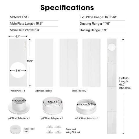 Specifications of All In One Window Vent Kit For Portable ACs And Dryers, Adjustable 4 To 6 Inch Ducting With A 5.9 Inch Hose, PVC parts.