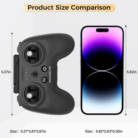 G-129 Dual Protocol FPV RC Radio Transmitter size compared to smartphone, showing compact dimensions.