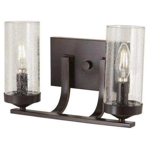 Wall Light Fixtures Elyton Bath Vanity Lighting Two Light 120 Watts Downton Bronze Finish with clear seeded glass shades.