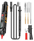 Grab And Go Handy Digital Multimeter Pen With Voice Readouts A3009 showcasing probe, attachments, and NCV function for testing.
