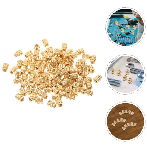 Grab 100 Pack of Solid Copper Heat Set Inserts With Knurled Threads For Heavy Duty Screws Embedment That Stick Like A Champ In Any Project Without Fail, detailed view of copper inserts.