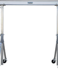 Solid Welded Aluminum Adjustable Gantry Crane Two Thousand Pound Load Rating Twelve Foot Wide Span with casters in upright position.