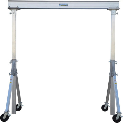 Solid Welded Aluminum Adjustable Gantry Crane Two Thousand Pound Load Rating Twelve Foot Wide Span with casters in upright position.