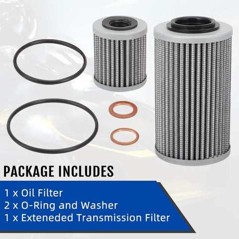 Dual Filtration Engine Oil Filter Kit With Extended Transmission Filter for 2013 Spyder package contents with filters and gaskets