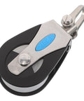 Close-up of Beefy Stainless Steel Sailing Pulley With Nylon Bearing Wheel, Single Swivel Block For Sailboats And Marine Gear