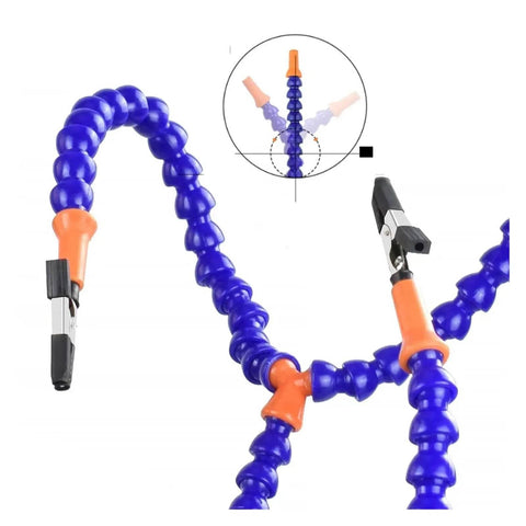 Close-up of flexible gooseneck arms of Third Hand Soldering Station With Magnifier LED Light, PCB Holder, Handy Helping Hands Tool.