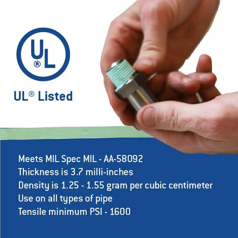 Kickass High Density PTFE Thread Seal Tape For Oxygen Lines And Plumbing Pipes Half Inch By 260 Inch Leak Proof Industrial Grade Sealant Roll 3 Pack held by a hand with UL Listed certification.
