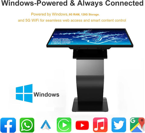 Slick Build 43 Inch All In One Touch Screen Kiosk With Windows 11 System 8gb Ram 128gb Storage heavy duty K Stand for web access.