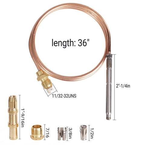 Front view of a 36-inch copper thermocouple kit with brass fittings for Robertshaw thermostat pilot burner.