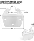 Dimensions of 4-Pack Rear Drawer Slide Guides 1/4 Inch Rail T-Shape Center Mount Wood Track Drop-In Replacement Plastic Backplate.