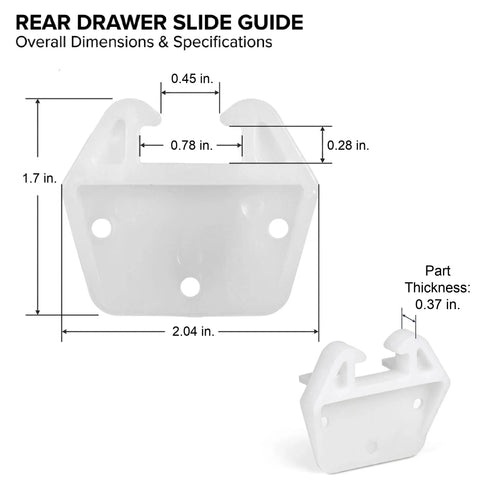 Dimensions of 4-Pack Rear Drawer Slide Guides 1/4 Inch Rail T-Shape Center Mount Wood Track Drop-In Replacement Plastic Backplate.