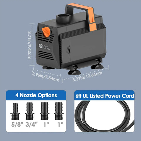 600GPH Submersible Water Pump with handle, multiple nozzle options, and 6ft power cord visible, for ponds, fountains, aquariums