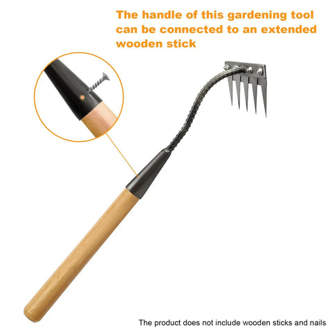 Tough As Nails Heavy Duty Iron Weeding Rake With Five Tines, wooden handle, detachable for yard and planting projects.