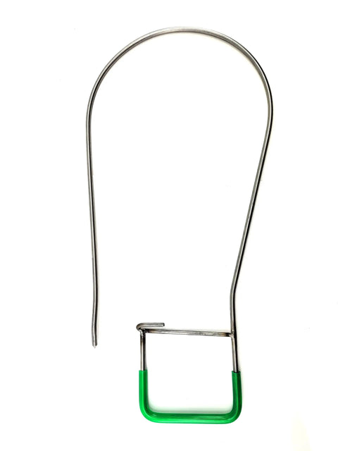 Rugged Fish Stringer With Coated Handle For Spearfishing And Scuba Snorkeling, Solid One Quarter Inch Stainless Steel, front view.