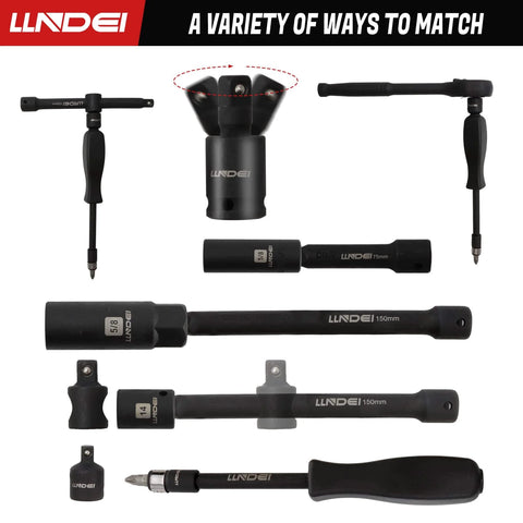 Three-Eighth Inch Drive Impact Socket Set Kit With Standard SAE And Metric Sizes, adapters, and ratchet handle displayed