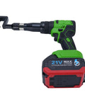 Effortless 21V Cordless Keel Pliers With 360 Rotating Head For Steel Stud Framing And Drywall Includes Heavy Duty Battery For Power Punching And Riveting On Any Gig, showing battery and handle detail.