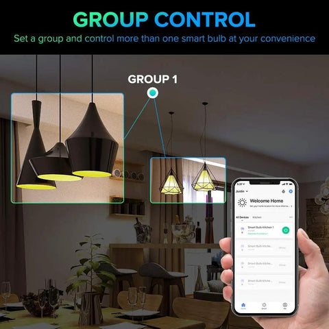 Person controlling lights with app using 4 Pack Smart LED Bulbs With 16W 1600 Lumens A21 Dimmable WiFi RGB CW Color Changing Tunable White 2700K-6500K 100W Equivalent Works With Alexa Google Home 2.4GHz