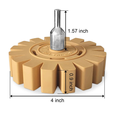 4-inch rubber wheel with drill adapter, part of the Decal Remover Wheel Kit Pro Grade For Cars And More, displaying dimensions