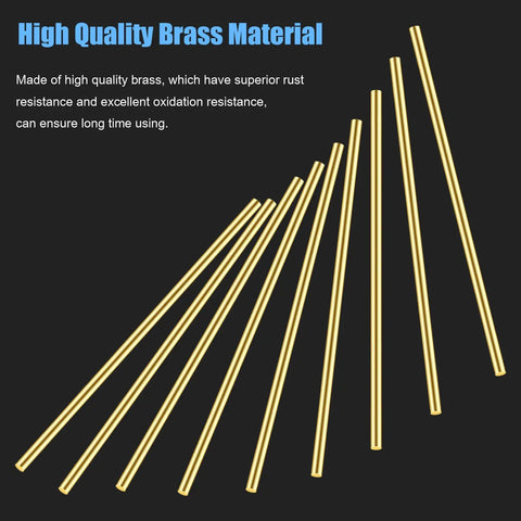 High-quality brass rods array, focus keyword: Twenty Pieces Brass Rods Three Thirty Second Inch Diameter And Three Point Nine Four Inch Long Brass Round Stock For DIY Craft Making Lathe Bar Stock For Handle Pins And Small Projects Durable Easy To Cut And Shape, shown on a dark background.