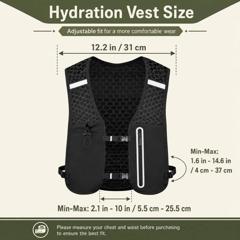 Size chart for No Bounce Hydration Vest For Running With 2L Bladder And 500ml Soft Flask, adjustable and breathable.