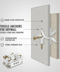 50 Pack Drywall Toggle Anchors With Carbon Steel Screws, Nylon Hollow Wall Mount Kit diagram showing installation process