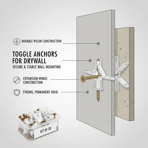 50 Pack Drywall Toggle Anchors With Carbon Steel Screws, Nylon Hollow Wall Mount Kit diagram showing installation process