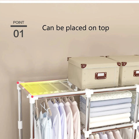 Heavy Duty Portable Fabric Wardrobe Organizer With Rock Solid Steel Frame Foldable Dustproof Closet Storage Cabinet showing storage setup with boxes on top.