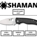 Shaman Folding Pocket Knife With 3.5 Inch CPM S30V Steel Blade And G10 Handle, shown with labeled features, plain edge