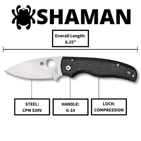 Shaman Folding Pocket Knife With 3.5 Inch CPM S30V Steel Blade And G10 Handle, shown with labeled features, plain edge