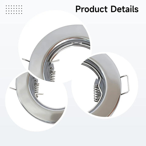 Close-up of chrome MR16 GU10 downlight fitting components, showing iron housing and spring connectors for installation.