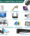 Power Supply Adapter 24V 2.5A DC Regulated Transformer Charger for diverse devices including LED lights and soundbars.
