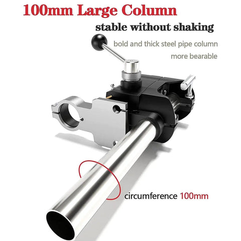 Universal Vertical Drill Stand Clamp For Woodworking with 100mm large steel column, part of heavy duty aluminum base for stability.