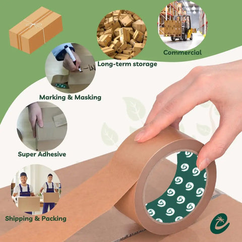 Hand using Premium Paper Packing Tape Self Adhesive Recyclable 2 Inch By 55 Yard Eco Friendly Heavy Duty Writable And Uncoated Packaging Tape